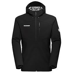 Mammut Outdoor SO Hooded Chaqueta Hombre negro L: Comodidad máxima gracias a softshell elástica de 3 capas y 4 direcciones con mezcla de lana y poliéster en la parte trasera del tejido Poliamida suave pero resistente con elastano Tratamiento repelente al agua duradero sin PFC (DWR) Ajuste regulable ...