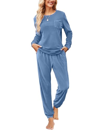 Ekouaer Womens Pajamas Sets Long Sleeve Soft Sleepwear 2 Piece Velvet Pjs Lounge Sets with Pockets