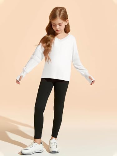 Image of Haloumoning Girls Oversized Long Sleeve T Shirts Kids Casual V Neck Cute Tops Basic Tees with Thumb Holes 4-14Y