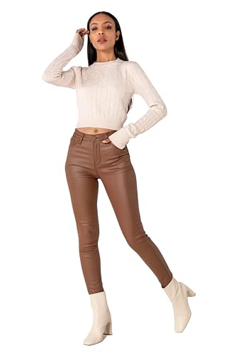 Nina Carter LC001 Damen High Waist Hose in Lederoptik Push-Up Stretchjeans, Braun (LC001-2), XS