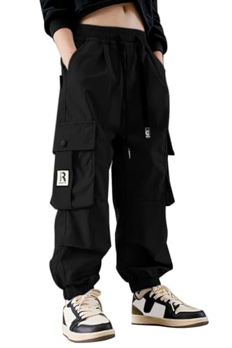 Image of AOWKULAE Girls Casual Cargo Pants for Kids Drawstring Elastic Waist Jogger Pants 6-14 Years