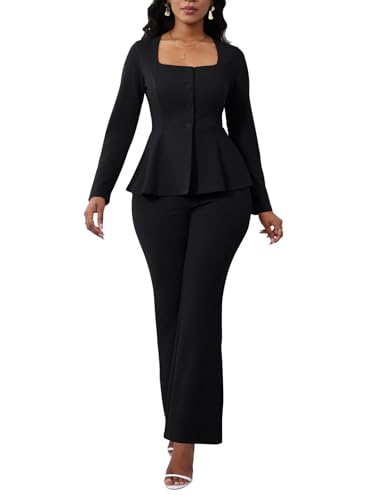 Ekaliy Women's 2 Piece Pants Suit Long Sleeve Blazer Flare Pant Set Casual Office Work Outfits