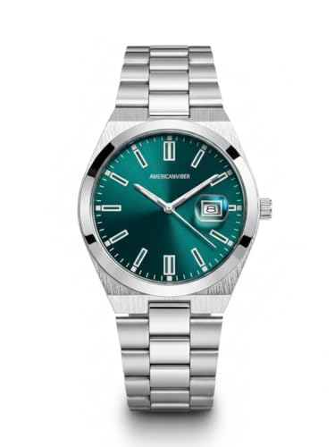 Image of AMERICANVIBER Men's Silver Stainless Steel Watch, Vibrant Green Sunburst Dial, Quartz Analog Movement, Date Display, Faceted Bezel for Men