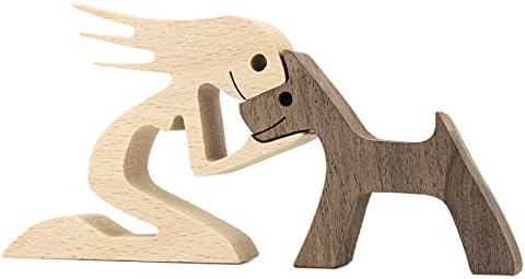 Bobo Bird Wooden Dog Cat Family Statue, Handmade Wood Decoration, Cute Puppy, Kitty and People Statue Sculpture Ornament Collectible Figurine Craft Arts for Home, Office, Living Room