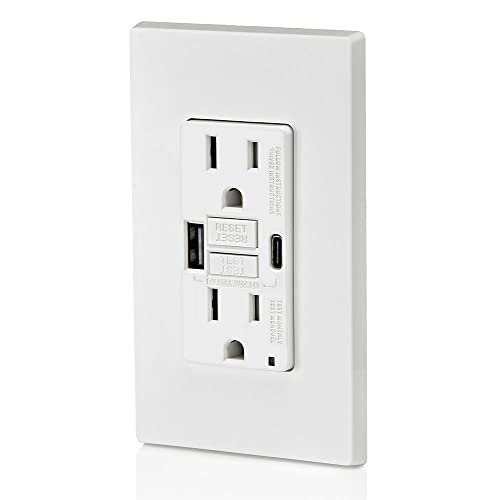 Leviton Guac1-W 15A Smartlockpro Self-Test Gfci Combination 24W(4.8A) Type A/C Usb In-Wall Charger Outlet, White #TOP2