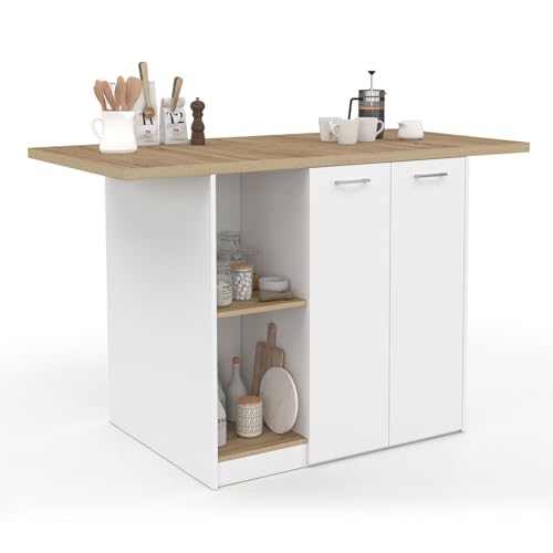 IDMarket - Ilot Central BAO 140 cm 4 Personnes Bois Blanc avec Plan de Travail façon hêtre