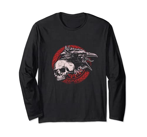 Rojo Runas Cráneo Mitología Nórdica Cuervo Vikingo Manga Larga