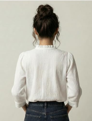 Image of Messica Women Brown Solid Cotton Blend Knitted Top | Ruffle Neck | 3 /4 Sleeve | Regular Fit Casual Office Wear Top