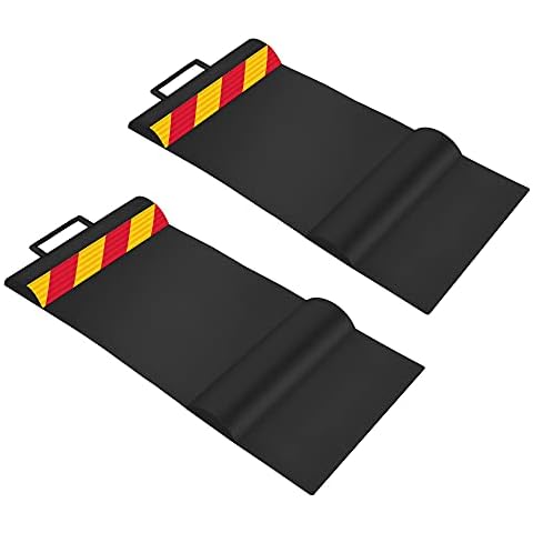 RaxGo Car Parking Mat, Garage Wheel Stopper Parking Aid, Tire Guides for Cars, Trucks & Vehicles | Anti-Skid Grips, Easy Install Adhesive, Carry Handles & Reflective Strips, Black | Pack of 2 Mats Cover
