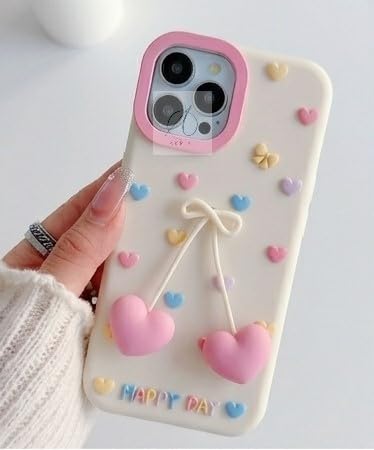 Image of MIDOS Cute 3D Cherry Heart Charm Phone Case for iPhone 14 Pro Max Soft Silicone Protective Cover with Pastel Hearts and Bow Design Girls Case for iPhone 14 Pro Max