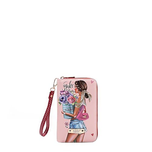 Nicole Lee NIKKY Double Zipper Wallet with Wristlet, Vegan Leather, 6 Card Slots (URBAN COFFEE DREAM)