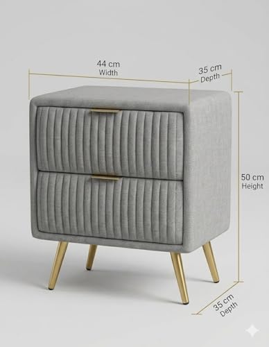 Image of Upholstered Bedside Table with 2 Channel-Tufted Drawers for Bedroom | Modern Nightstand with Gold Accents & Metal Legs | Side Table for Living Room, Home & Office | DIY Assembly | Grey