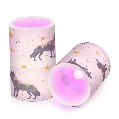 Wolf Yellow Stars Flickering Flameless Candles Battery Operated with Remote Timer,Tea Light Candles LED Pillar Votive Candles set of 2 for Outdoor Indoor Decorations38