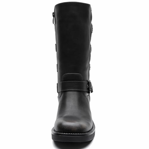 Image of GLOBALWIN Chunky Mid Calf Fashion Dressy Motocycle Biker Military Style Combat Boots for Women Low Heel