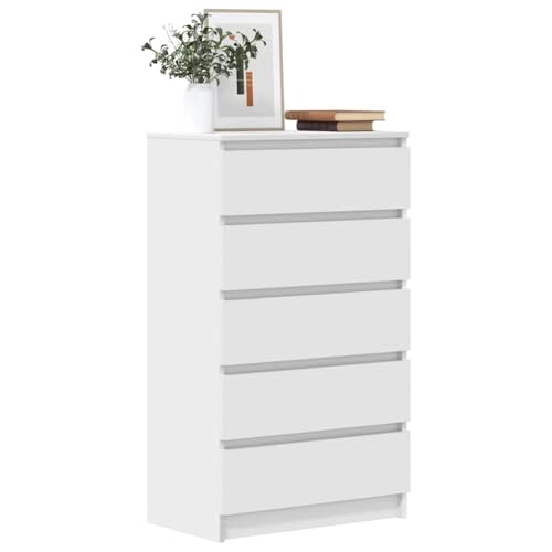 GeenYuu Cajonera blanca 60 x 36 x 103 cm, cómoda de madera con 5 cajones, cómoda estrecha para dormitorio, armario estable