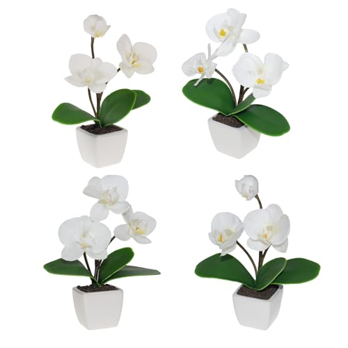 BINFEN 4 Packs Mini Artificial White Silk Orchid Potted Flowers - Real Touch Fake Small Plants in Ceramic Vase for Home Office Bathroom Living Room,Tiny Faux Table Shelf Decor
