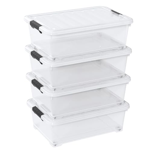 Image of Zerdyne 20 L Plastic Underbed Storage Box with Wheels, 4-Pack Clear Latch Container for Under Bed
