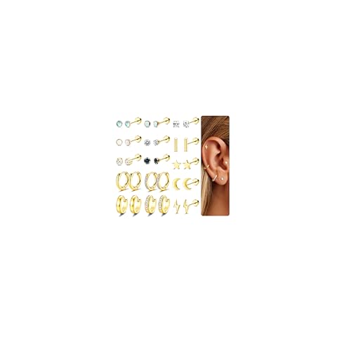 MILACOLATO 15Pares Pendientes Cartilago Oreja Para Mujer Hombre Plata Oro Negro, 20G Acero Quirurgico Pendientes Hipoalergenicos CZ Huggie Pendientes Aros Pequeños, Tragus Oreja Piercing Joyería oro