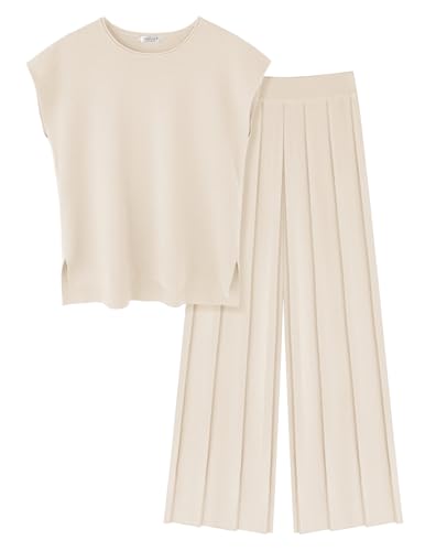 Image of Ekouaer Lounge Sets for Women Two Piece Outfits Knit Cap Sleeve Tops Wide Leg Pleated Pants Casual Dressy Sweater Sets
