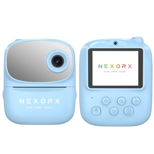 NEXORX Kids Digital Camera with Instant Print 2.4-Inch IPS Screen 1080P Dual HD Lens Thermal Printing Built-in Games MP3 Player 800mAh Battery (Blue)