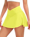 JoyGirl Women's Crossover Tennis Skirt with Shorts Pleated Athletic Golf Skort High Waist School Mini Skirts with Pockets (Yellow,XS)