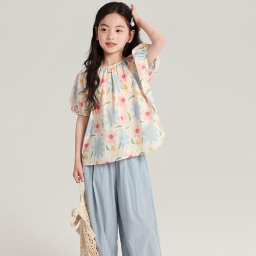 Puff Sleeve Girls T-Shirts,Cotton Round Neck Kids Summer Short Sleeve Tops Casual Basic Tee Shirts Blouses for Girls2