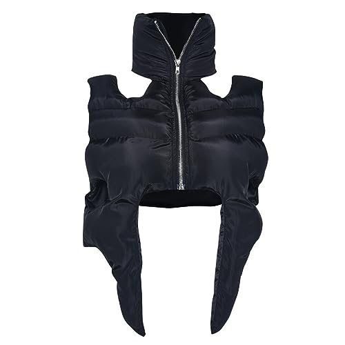 Women's Fashion Sleeveless Warm Crop Vest Casual Lightweight Puffer Vest Outwear Cute Cutout Zipper Padded Gilet