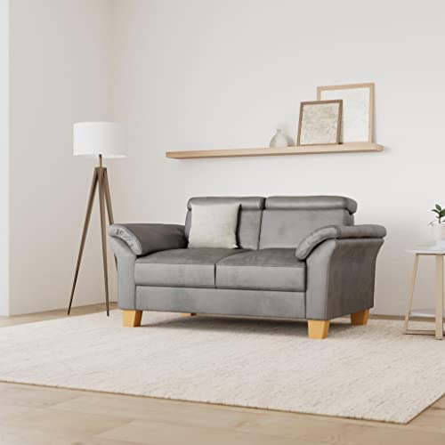 Cavadore 2-Sitzer-Sofa Ammerland / 2er-Couch im Landhausstil mit Federkern + verstellbaren Kopfstützen / 156 x 84 x 93 / Wildlederoptik, Grau