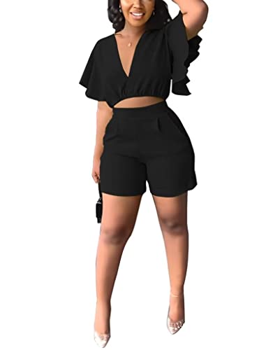 Women's Summer 2 Piece Outfits V Neck Ruffle Short Sleeve Crop Top Shorts Set Active Tracksuit Work Suit With Pockets Black #TOP30