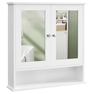 VASAGLE Spiegelschrank, Badschrank, Wandschrank, Hängeschrank mit 2 Spiegeltüren und offenem Fach, verstellbare Ablage, Wandmontage, 15 x 65 x 75 cm, weiß LHC012W01