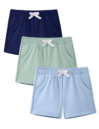 ZUEMET 3 Pack Baby Boys Shorts Toddler Pull On Jogger Short Girls Cotton Pants with Pocket Size 3T Green+Light Blue+Navy Blue