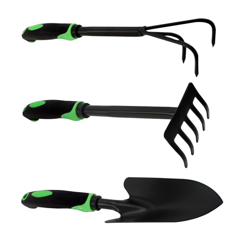 TIENDA EURASIA – Pack 3 Herramientas para Jardín | Rastrillo Jardin | Color Negro y Verde | Acero y Plástico PRFV | Medidas 30x8.5x7 cm 33x8.5x7 cm y 36.5x6.5x6 cm | Paleta de Mano y Transplante