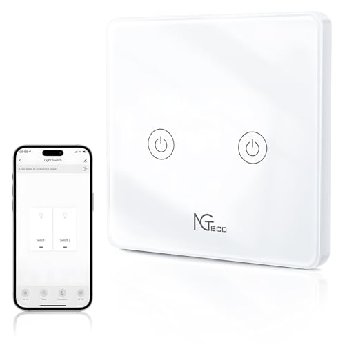 NGTeco - Interruptor táctil WiFi de cristal, 2 grupos de 1 vía, interruptor de pared compatible con Alexa y Google Home (requiere cable neutro)