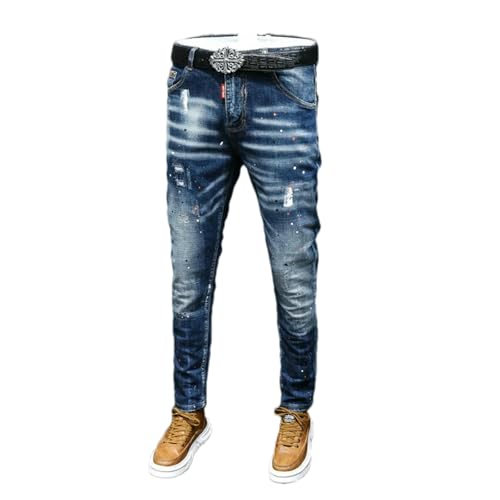 Mens Jeans Retro Blue Stretch Slim Fit Painted Ripped Trousers Men Korean Vintage Casual Denim Pants