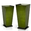 Worth Garden Large Metal Glazed Planter Set of 2 25 28 Luxurious Glossy Finish Green Tall Square Tapered Steel Plant Pot Decor Flower Pot Indoor Outdoor Drainage Hole Dual Purpose Saucer
