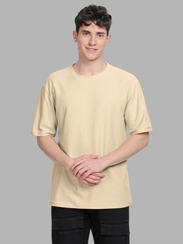 Image of BULLMER Trendy Textured Half Sleeve Oversized Hexagon Waffle Crew Neck Tshirt for Men-Pack of 2