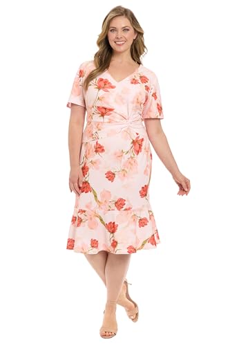 Image of London Times Women's Women's Twist Front V-Neck Midi Dress - Short Sleeve Fitted Trumpet Hem - Special Occasion Wedding Guest Dress