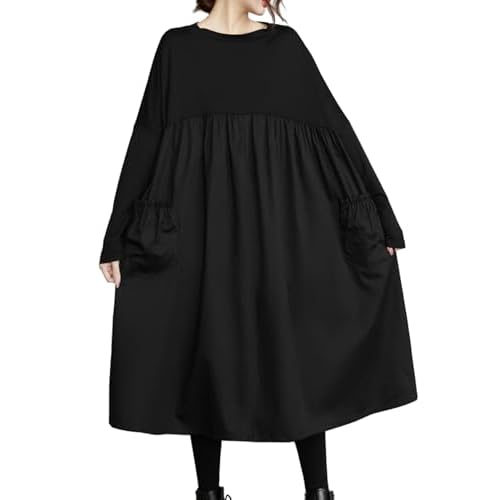 ellazhu Women's Casual Patchwork Solid Crew Neck Pullover Dress with Pockets GZ26 A Medium-Large Black