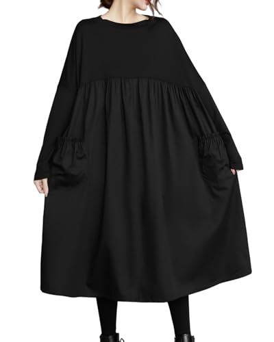 ellazhu Women's Casual Patchwork Solid Crew Neck Pullover Dress with Pockets GZ26 A