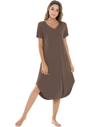 Image of NACHILA Nightgowns for Women-Viscose Made from Bamboo, V Neck Sleepshirts Short Sleeve Sleepwear Cool Nightshirt
