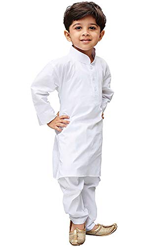 Image of Chandrakala Kids 100% Cotton Kurta Pyjama Set for Boys Indian Traditional Party Wear Bollywood Style Wedding Dress, White (KK101WHI1)