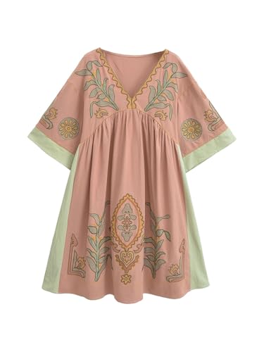 Image of Joiemont Womens Oversized Floral Embroidered Long Dress with V-Neck and 3 /4 Sleeves Vintage Embroidery Babydoll Dress