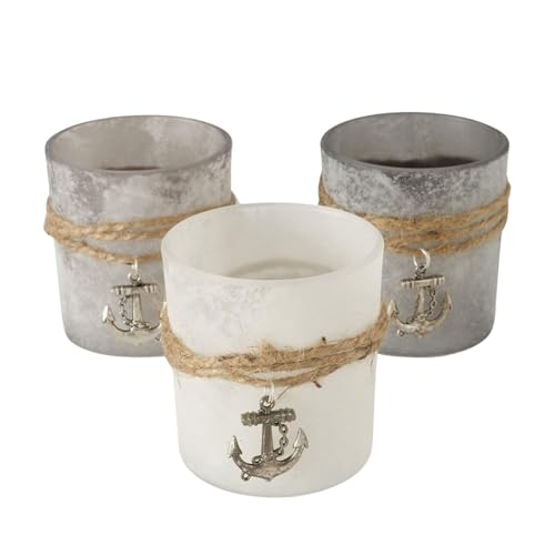 Seaside No.64 - Windlicht Kerzenglas 3er-Set - grau matt gepudert Glas - maritimes Design mit Anker - Geschenk Kerzenhalter - Teelicht Tischdekoration