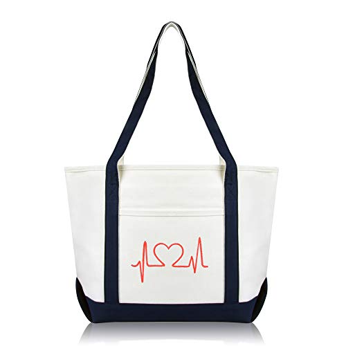 DALIX Heartbeat Embroidered Premium Cotton Canvas RN Nurse Tote Bag in Blue