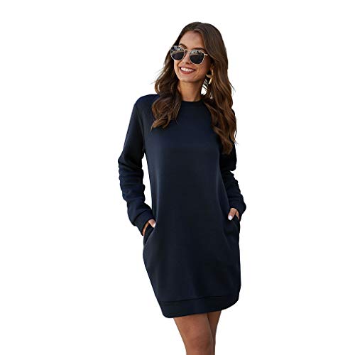 Tefamore Robe Pull Femme Hiver Long Tricot Laine Chaud Chic Broderie de Fleurs Col Rond Manches Longue Midi Robe (XL=EU:42, X-Marine)