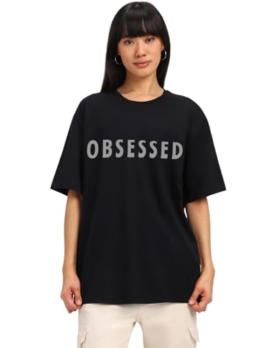 Image of JUNEBERRY Women's Casual Pure Cotton Black Printed Round Neck, Longline Drop Shoulder Loose Oversized T-Shirt |Oversized Tshirt for Women /Girl (Color: Black Available in Various Designs)