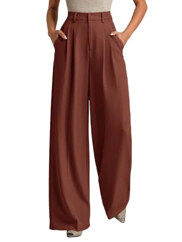 Image of KOTTY Women's High Waist Solid Color Hook and Bar Wide Leg Trousers Loose Comfort Trouser with Pockets