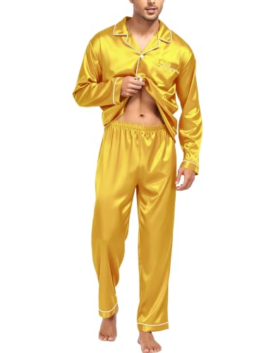 Image of SWOMOG Mens Silk Satin Pajamas Set Long Sleeve Sleepwear Button-Down Pj Two-piece Loungewear with Long Pants S-XXL