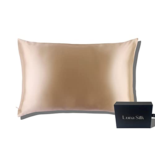LUNASILK Mulberry Silk Pillowcase for Hair & Skin, 100% Real Pure Silk Pillowcase with Hidden Zipper, Acne Free, Moisture Wicking, Queen Size, Caramel, 22mm