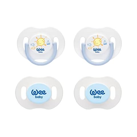 Wee Baby (4-Pack) Day & Night Baby Dummies | Glow in The Dark Teething Dummy with Orthodontic Teat for Healthy Teeth | Newborn Dummies with & Without Handle to Avoid Disturbance | BPA Free Baby Dummy Cover